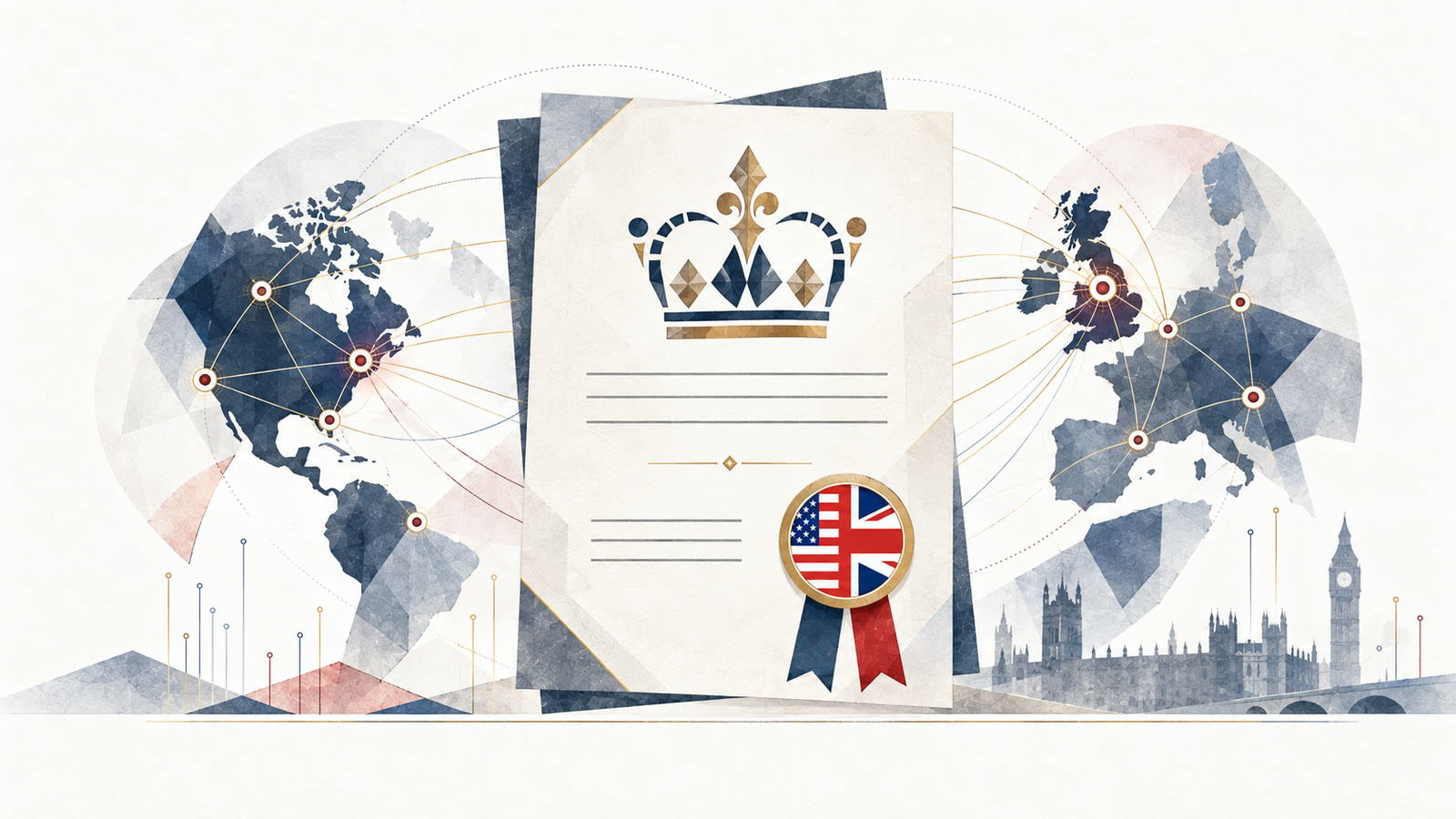 Illustrated registration charter bearing the USRA UK roundel, framed by a transatlantic research network and an abstract crown motif