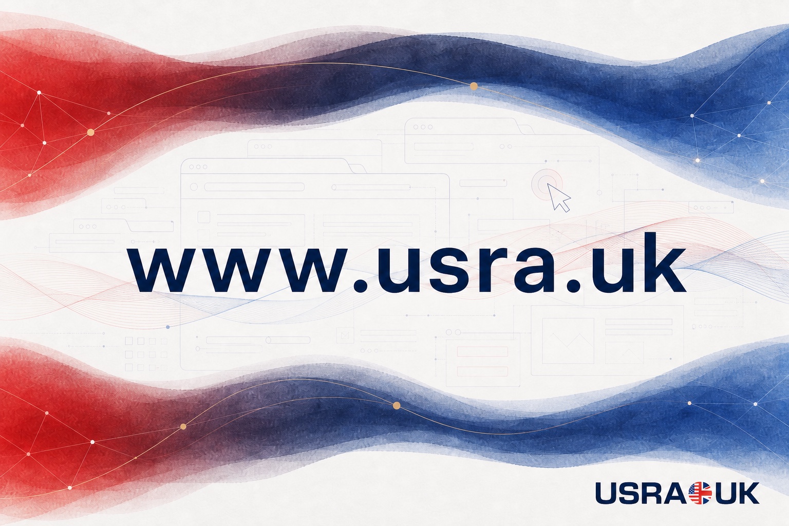 USRA UK website address over a transatlantic research ribbon and subtle web-interface elements